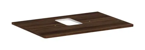 Holzplatte in Dunkelbraun mit mittigem Ausschnitt und zwei Bohrlöchern, geeignet für die Montage eines Aufsatzwaschtischs. Marke: Hansgrohe.